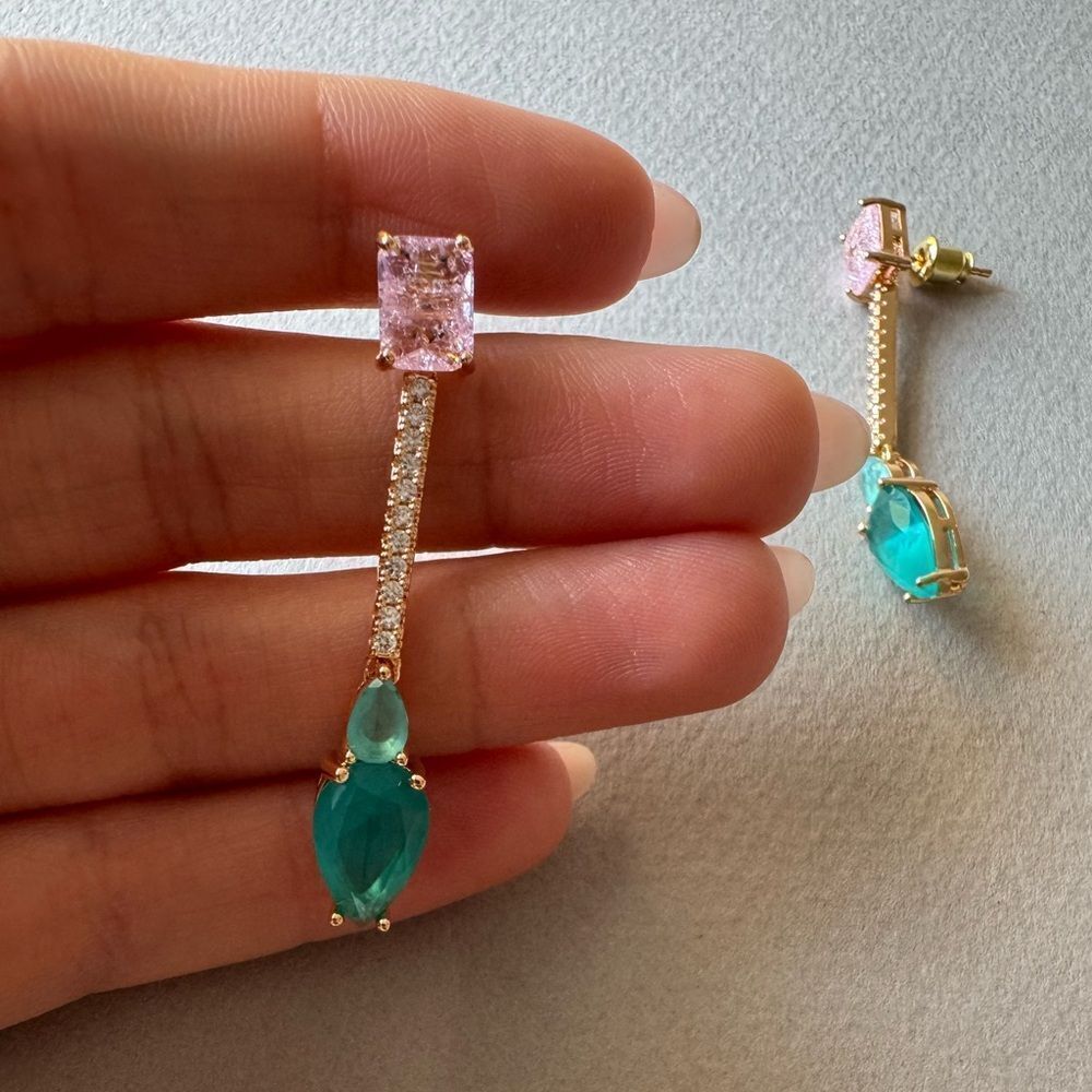 Elegant Gold and Teal Drop Earrings M536 - Picture 6 of 6
